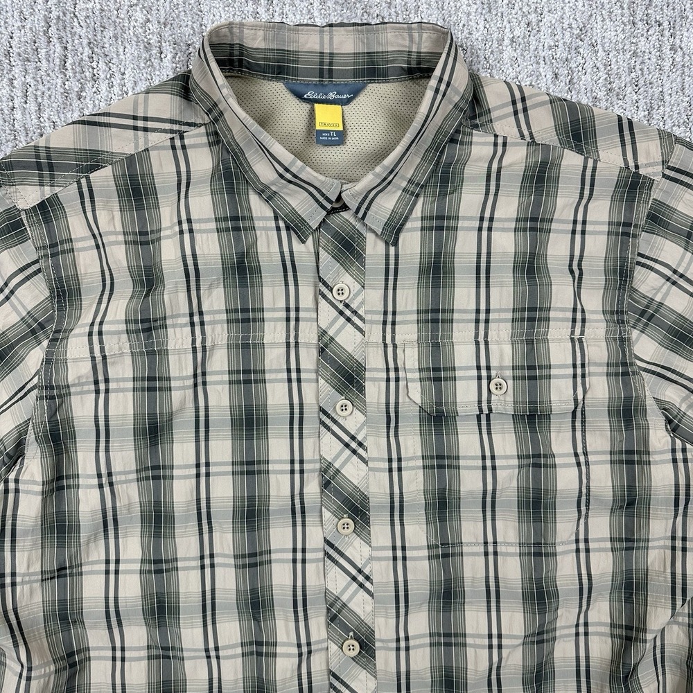 EDDIE BAUER Travex Shirt Mens Large Tall Plaid Outdoors Short Sleeve TL Beige